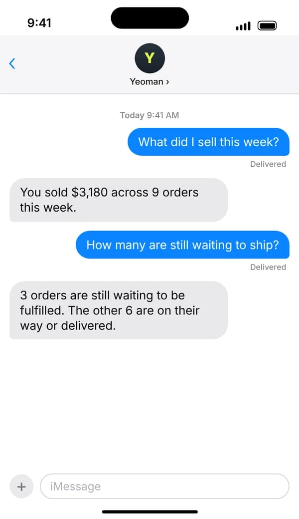 iMessage conversation with Yeoman. The user texts, "What did I sell this week?" and Yeoman replies with a short summary of the week's sales, then answers a follow-up about how many orders are still waiting to ship. Names and numbers are fictional examples.